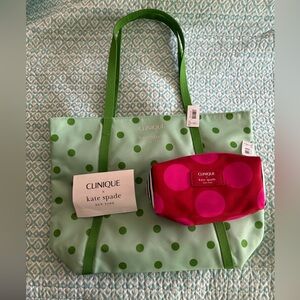 NWT Kate Spade x Clinique green tote bag and pink make up bag